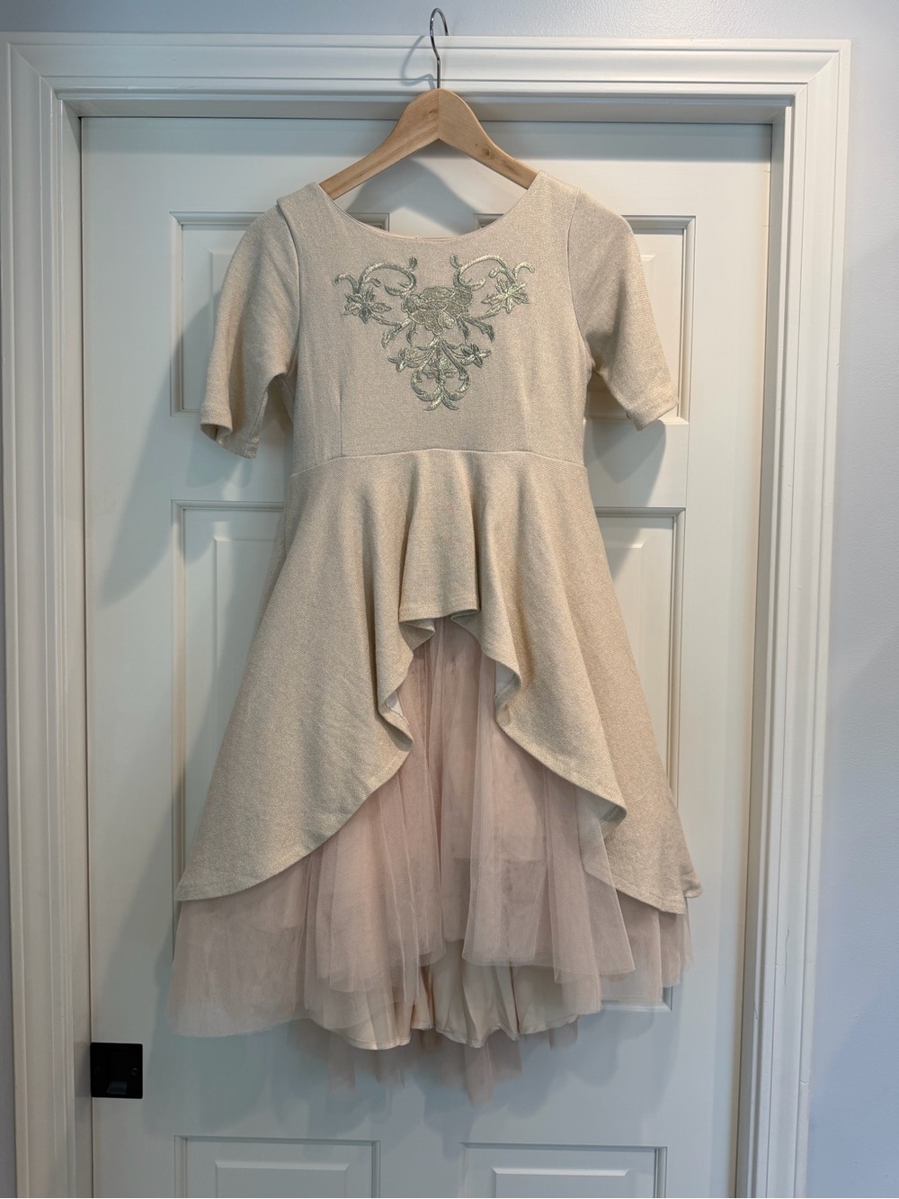 Joyfolie Cream High-Low Tulle Party Dress with Embroidered Bodice